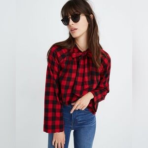 Madewell Tie-Neck Popover Shirt in Buffalo Check M